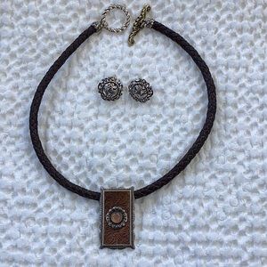 Carolyn Pollack Relios 925 Silver & Copper Pendant, Leather Cord & Earring Set